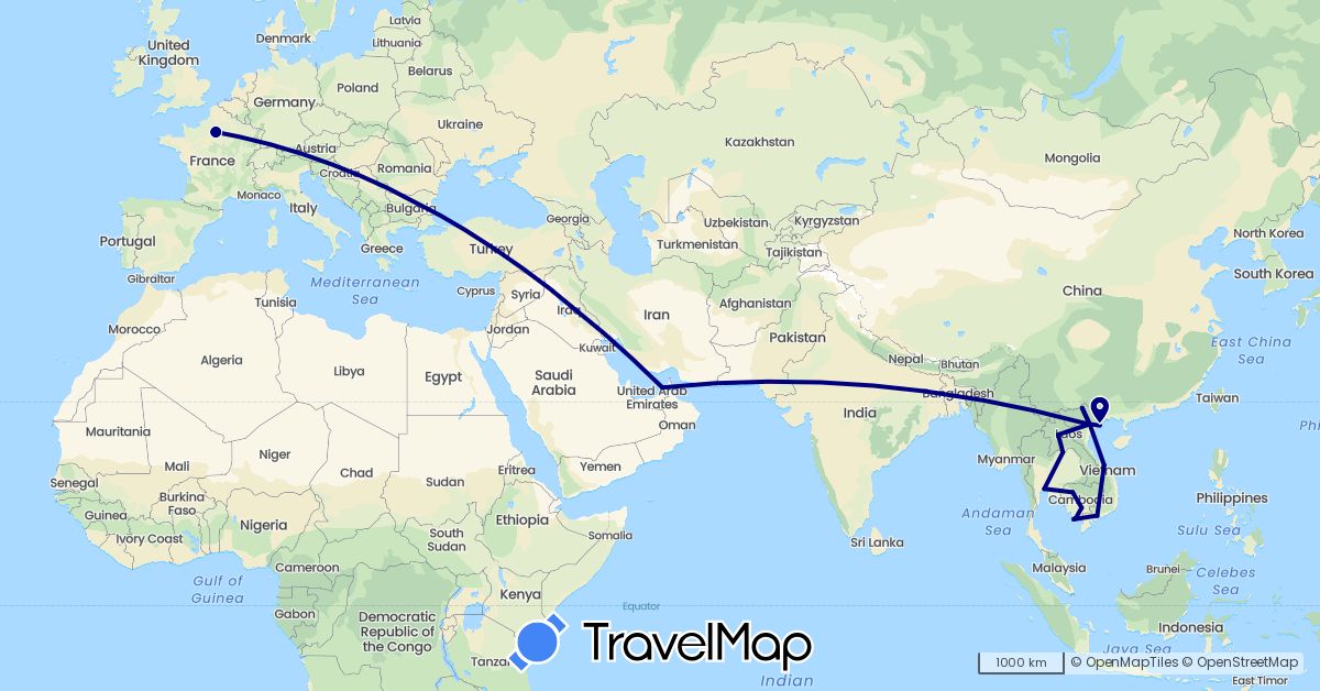 TravelMap itinerary: driving in United Arab Emirates, France, Cambodia, Laos, Thailand, Vietnam (Asia, Europe)